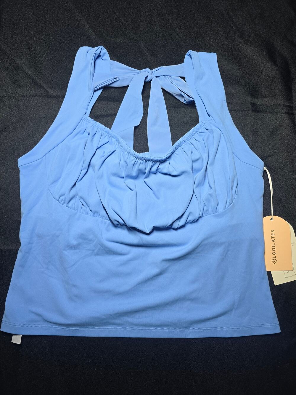 Blogilates Bow Back Tank Top Cool Blue Ruched Activewear